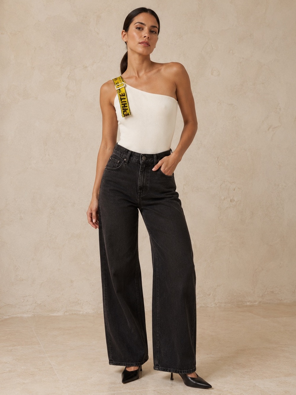 Off-White Cream One-Shoulder  One-Piece/Bodysuit with Yellow Logo Strap